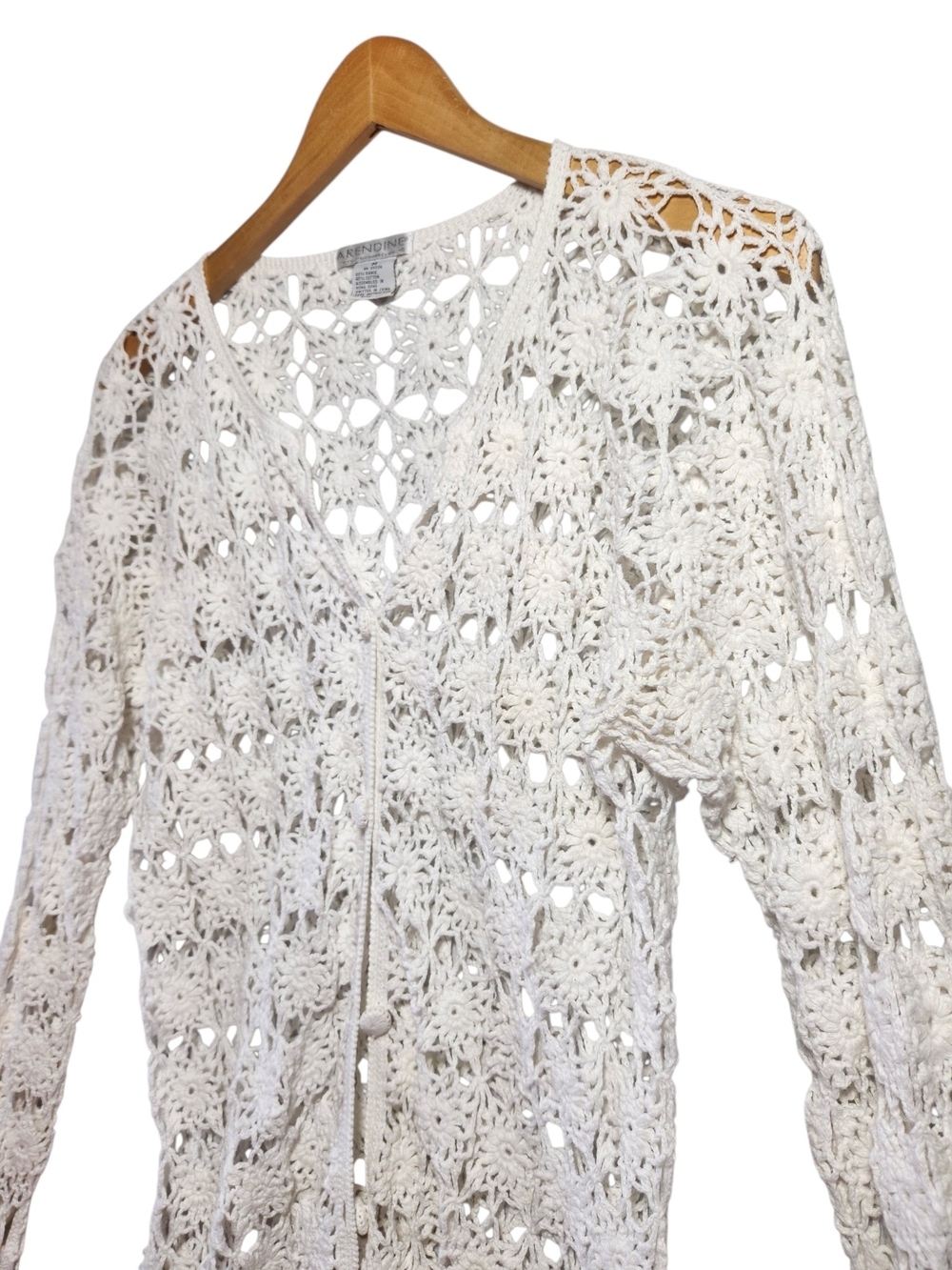 Crochet Cardigan White Sweater Med Boho Open Knit Button Front Cover Up Festival - Picture 8 of 15